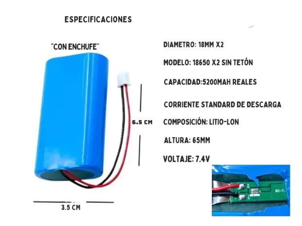 &u+  BATERIA PILA RECARGABLES 18650 DOBLE 7,4V+ CONECTOR